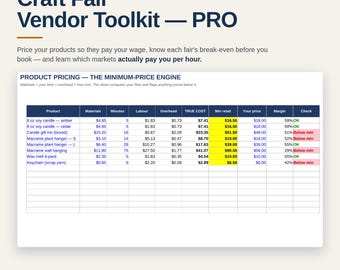 Craft Fair Vendor Spreadsheet Pricing Calculator | Market Sales Tracker Excel Google Sheets | Handmade Business Inventory Booth Fee Planner