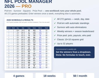 NFL Pool Manager 2026 Excel Google Sheets | Football Pick Em Survivor Pool Spreadsheet | Office Pool Template 272 Games Auto Standings