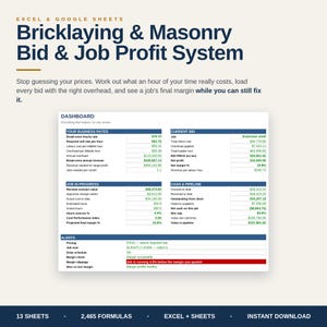 May include: A digital spreadsheet template for Excel and Google Sheets titled Bricklaying & Masonry Bid & Job Profit System. The dashboard displays financial data including business rates, current bids, job progress, cash flow, and project alerts.