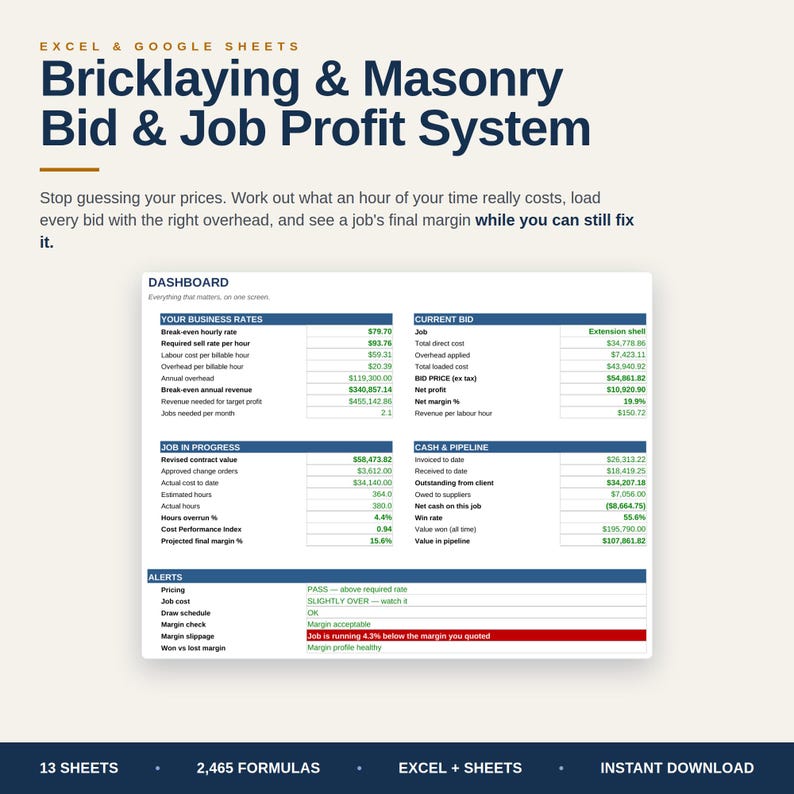 May include: A digital spreadsheet template for Excel and Google Sheets titled Bricklaying & Masonry Bid & Job Profit System. The dashboard displays financial data including business rates, current bids, job progress, cash flow, and project alerts.