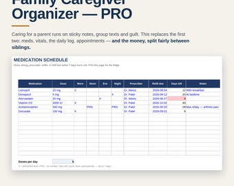 Caregiver Log Spreadsheet Elderly Care Organizer | Medication Tracker Excel Google Sheets | Family Expense Split Vitals Appointment Log