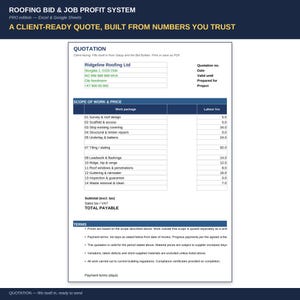 May include: A digital roofing bid and job profit system template for Excel and Google Sheets. The document displays a quotation form for Ridgeline Roofing Ltd, featuring a detailed scope of work table with labor hours, subtotal, and terms sections.
