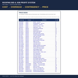 May include: A digital spreadsheet titled Roofing Bid & Job Profit System for Excel and Google Sheets. The document features a Price Book table with columns for Item Code, Category, Description, and Unit, listing various roofing materials and labor.