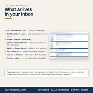 May include: A digital download for a bricklaying and masonry bid and job profit system. Includes a blank workbook, demo workbook, and 8-page quick-start guide. Compatible with Microsoft Excel and Google Sheets, featuring editable formulas.