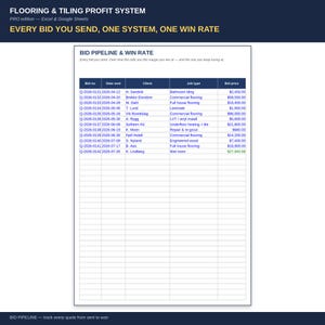 May include: A digital spreadsheet titled Flooring & Tiling Profit System for Excel and Google Sheets. The interface displays a Bid Pipeline & Win Rate table with columns for bid number, date, client, job type, and bid price in US dollars.