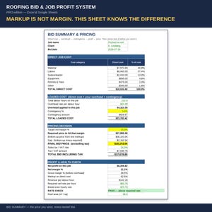 May include: A digital spreadsheet titled Roofing Bid & Job Profit System, featuring sections for Bid Summary & Pricing, Direct Job Cost, Loaded Cost, Pricing Decision, and Profit & Health Check, with data fields for costs, margins, and final bid price.