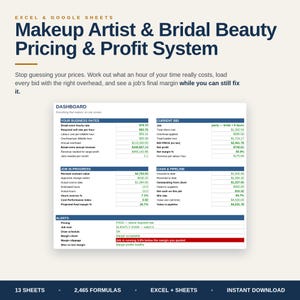 Könnte beinhalten: Eine digitale Tabellenvorlage für Excel und Google Sheets mit dem Titel Makeup Artist & Bridal Beauty Pricing & Profit System. Das Dashboard zeigt Geschäftssätze, Angebotsdetails, Auftragsfortschritt und Warnmeldungen an.