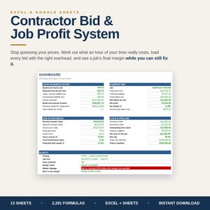 May include: A digital spreadsheet template titled Contractor Bid & Job Profit System for Excel and Google Sheets. The interface displays a dashboard with sections for business rates, current bids, job progress, cash flow, and alerts with data.