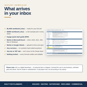 May include: A digital download for a plumbing and heating bid and job profit system. The image lists features including a blank workbook, demo workbook, and quick-start guide compatible with Microsoft Excel and Google Sheets, with text.