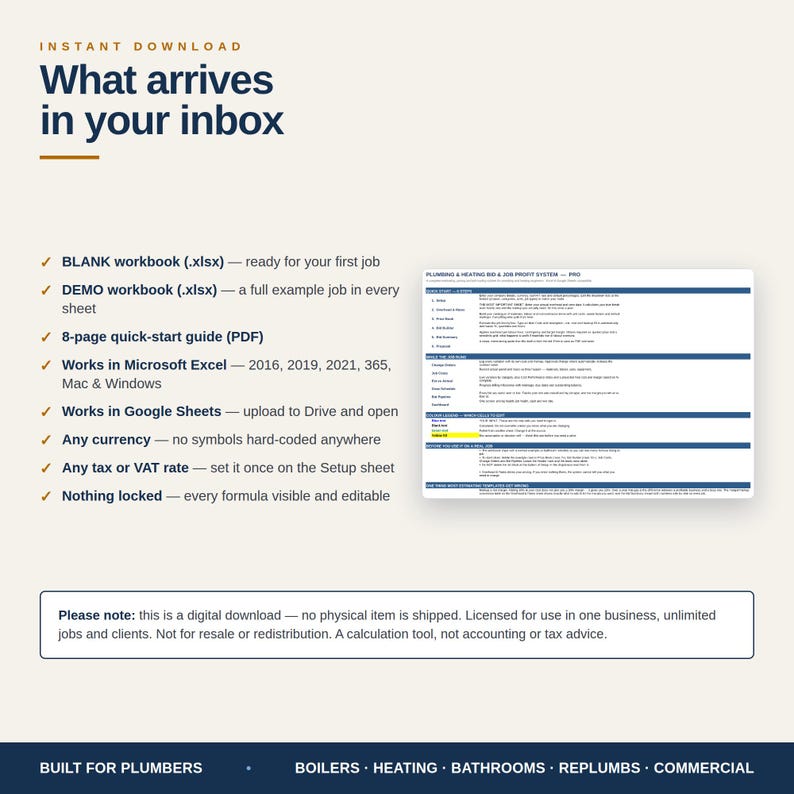 May include: A digital download for a plumbing and heating bid and job profit system. The image lists features including a blank workbook, demo workbook, and quick-start guide compatible with Microsoft Excel and Google Sheets, with text.