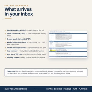 May include: A digital landscaping bid and job profit system spreadsheet with a list of features including a blank workbook, demo workbook, and 8-page quick-start guide. The text includes instructions for Microsoft Excel and Google Sheets compatibility.