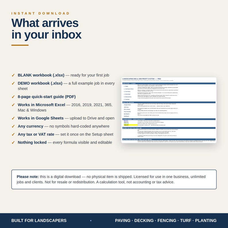 May include: A digital landscaping bid and job profit system spreadsheet with a list of features including a blank workbook, demo workbook, and 8-page quick-start guide. The text includes instructions for Microsoft Excel and Google Sheets compatibility.