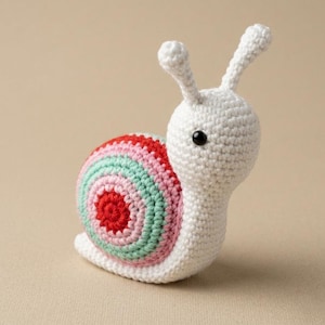 Peut inclure: Un escargot en crochet composé d'une tête et d'un corps blancs avec deux antennes et un œil noir. La coquille de l'escargot est réalisée selon un motif circulaire avec des anneaux concentriques de fil rouge, rose clair et vert menthe.