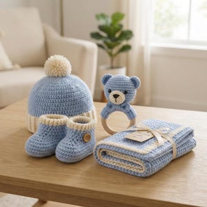 Virkat nyfödd pojkepaketmönster PDF | Babyshower-minne | Handgjord spädbarnsoutfit | Digital nedladdning