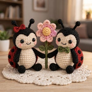 Peut inclure: Deux peluches coccinelles au crochet avec des corps noirs et crème, des ailes rouges à pois et des antennes. Une coccinelle porte un nœud rouge, l'autre un nœud papillon vert. Elles tiennent entre elles une fleur au crochet à pétales roses.