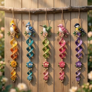 Puede incluir: Cinco adornos colgantes con pájaros de ganchillo posados en ramas, cada uno con una cola en espiral a juego y detalles florales. Los pájaros son amarillos, azules, verdes, rosas y negros, con espirales y flores de colores a juego debajo.