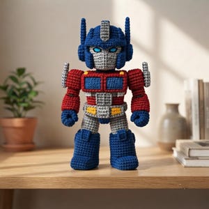 May include: A crochet robot figure featuring a blue helmet, red torso, and grey face mask with glowing blue eyes. The figure has blue arms and legs, yellow accents on the waist, and a blocky, structured design crafted from yarn stitches.