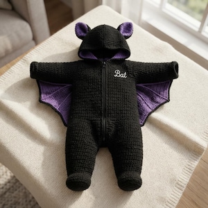 Puede incluir: Un mono de ganchillo negro con capucha, alas de murciélago y orejas forradas en color morado. La prenda cuenta con una cremallera frontal y la palabra Bat bordada en letra cursiva blanca en la parte superior izquierda del pecho.