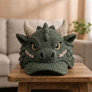 May include: A dark green crocheted hat shaped like a dragon head, featuring two beige horns, pointed ears, a textured scale pattern, and yellow eyes with black pupils. The hat includes a front brim and decorative beige accents along the snout.