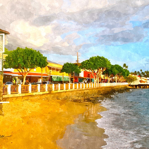 LAHAINA BEACH TOWN * Front Street Old Lahaina Town Maui Hawaii - Unframed Fine Art Paper Prints in 8x10 , 11x14 , 16x20 - Free Shipping !