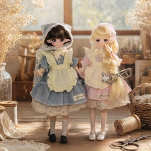 May include: Two dolls with pointed ears wearing matching outfits consisting of a dress, a ruffled apron, and a head covering. One doll has dark brown hair and a blue dress, while the other has blonde hair and a pink dress. Both wear white socks.