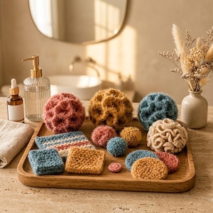 May include: A collection of assorted crochet scrubbers in various shapes and sizes, including spheres, squares, and circles. The scrubbers feature textured, fuzzy yarn in shades of pink, mustard yellow, blue, and cream, arranged on a wooden tray.