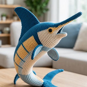 May include: A crochet marlin fish toy featuring a deep blue dorsal fin and tail, a light beige underbelly, and yellow rectangular side markings. The fish has a long, pointed bill, a small open mouth, and a dark round eye, crafted with visible yarn stitches.