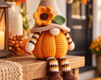 Patrón de ganchillo en PDF de gnomo calabaza, amigurumi otoñal con gorro de girasol, decoración otoñal para Halloween.