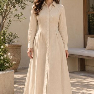 Cotton Pleated Shirt Dress, A-Line Midi, Button Down, Cream (the ivory thread)