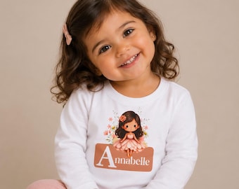 Personalised Floral Princess Kids Long Sleeve T-Shirt, Custom Name, Hair, Skin Tone