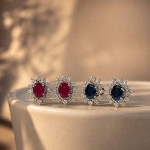 Ruby Blue Sapphire Halo Stud Earrings in 925 Sterling Silver, Floral Cluster Studs, Statement Jewelry, Handmade Jewelry Gift