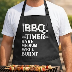 BBQ Timer Apron, Christmas Gift for Dad, Funny Black Grill Apron for Men - Version 2