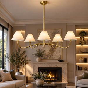 Modern Brass Linear Chandelier with Fabric Shades, Mid Century Dining Room Pendant Light, Kitchen Island Lighting | Ceiling Light Fixture