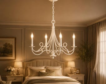 Lustre branco estilo francês campestre, luminária de teto de fazenda com 4 lâmpadas, pendente shabby chic, lustre para quarto de casa de campo, iluminação rústica vintage.
