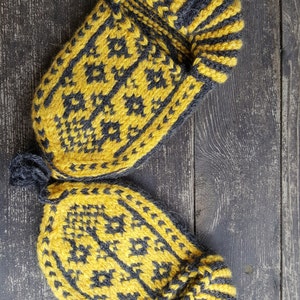 Puede incluir: Un par de zapatillas tejidas a mano con un patr&oacute;n geom&eacute;trico en amarillo vibrante y gris carb&oacute;n oscuro. Las zapatillas presentan un dise&ntilde;o de pu&ntilde;o acanalado y una construcci&oacute;n de punto texturizado con una peque&ntilde;a trabilla gris oscuro.