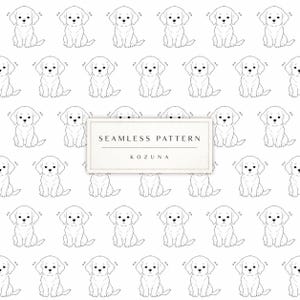 May include: A seamless pattern featuring a repeating black and white line art illustration of a sitting puppy. A rectangular label is centred over the pattern with the text SEAMLESS PATTERN and KOZUNA printed in black on a white background.
