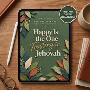 Può includere: Un tablet digitale che mostra uno sfondo verde con illustrazioni botaniche di foglie in tonalità verde, arancione e crema. Il testo recita 2026-2027 CIRCUIT ASSEMBLY PROGRAM WITH CIRCUIT OVERSEER, Happy Is the One Trusting in Jehovah.