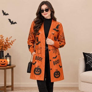 Orange Leather Halloween Coat, Gothic Witch Jacket, Pumpkin Bat Spider Web (Fall Costume)
