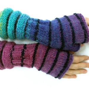 Purple/ turquoise/ blue/ striped wrist warmers/ striped fingerless mittens/ fingerless gloves/ arm warmers/ thumbless mittens