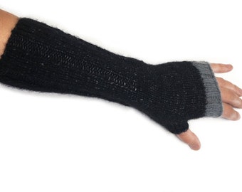 Long knitted fingerless mittens Black fingerless gloves