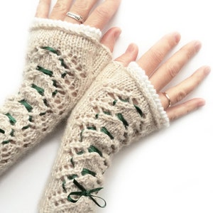 Knitted white lace fingerless mittens/ fingerless gloves/ beige fingerless/ lace