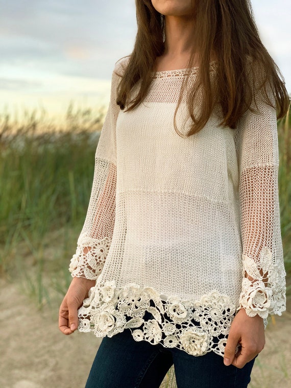 DesignbyInga Lightweight Natural White Linen Sweater, Freeform Crocheted Women's Jumper, Knitted Jumper, Summer Fashion