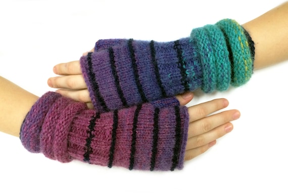 Purple Turquoise Blue Striped Wrist Warmers Striped Fingerless