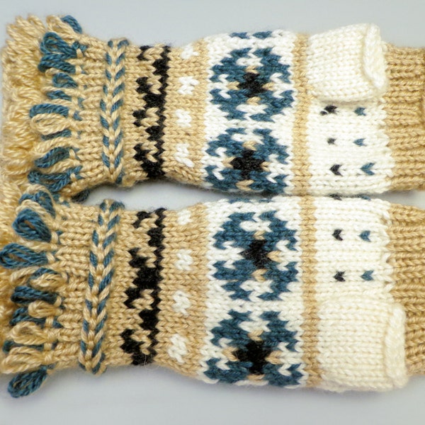Beige hand knitted arm warmers with ornaments, spring accessories