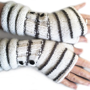 White and gray striped arm warmers/ knitted long fingerless gloves/ hand knit fingerless gloves