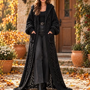 May include: A long, black, hooded crochet cardigan featuring an open-front design, long sleeves with ribbed cuffs, and two large front patch pockets. The garment is crafted with a textured, chunky knit pattern and extends to the floor.