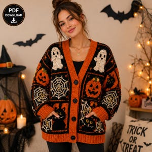 May include: A long-sleeve button-down cardigan featuring a black and orange color scheme with crocheted motifs of white ghosts, orange jack-o'-lanterns, black cats, and white spiderwebs arranged in a grid pattern with ribbed cuffs and hem.