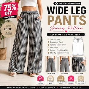 Könnte beinhalten: Ein digitales Schnittmuster für eine weit geschnittene Hose mit schwarz-weißem Vichy-Karo-Muster. Das Design umfasst eine hohe Taille mit Kordelzug, Seitentaschen und Gürtelschlaufen. Das Dokument zeigt Vorder-, Rück- und Detailansichten der Hose.