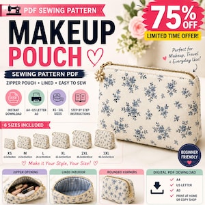 Puede incluir: Un patrón de costura en PDF para un neceser de maquillaje en tela color crema con estampado floral azul. El neceser tiene una cremallera dorada con un tirador en forma de flor. El patrón incluye seis tallas de la XS a la 3XL, forro y esquinas redondeadas.