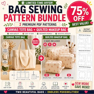 May include: A digital bundle of two sewing patterns for a canvas tote bag and a quilted makeup bag. The tote is beige with side pockets and a sturdy bottom. The makeup bags feature a floral print and come in three sizes: XS, S, and M.